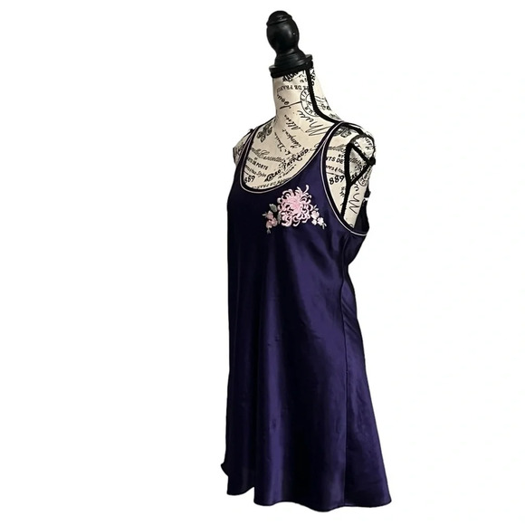 Morgan Taylor Teddy Nightdown Mini Dress Womens Navy Satin Embroidered L Party - Picture 3 of 8